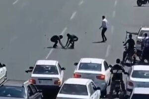کمک مردم به موتورسواری که سبد جوجه اردک‌های او واژگون شد + فیلم